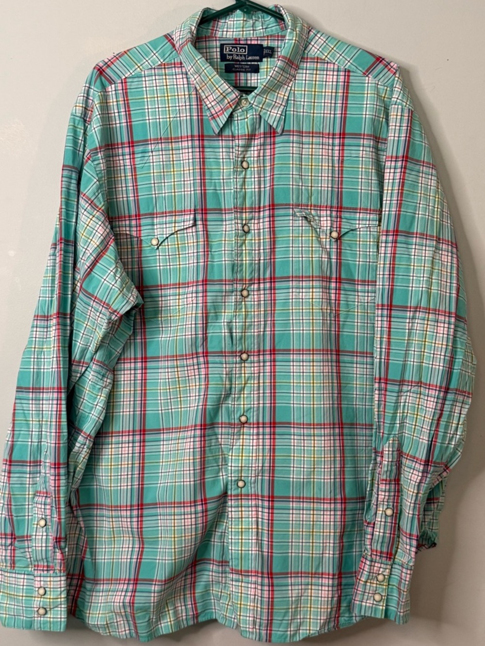 Ralph Lauren Mint Plaid Button-Down Shirt with Pearl Accents